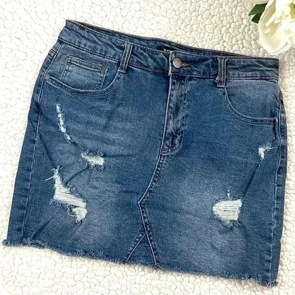 Black Label High Waisted Distressed Faded Mini Stretch Jean Skirt Size L - Picture 1 of 15